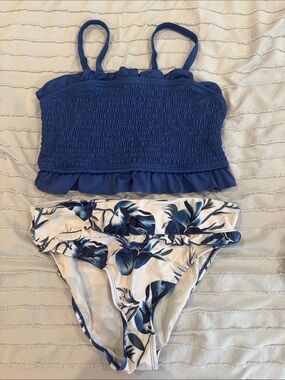 Smocked Blue Tankini Top with Blue Floral Bikini Bottoms - Kids Swim Set